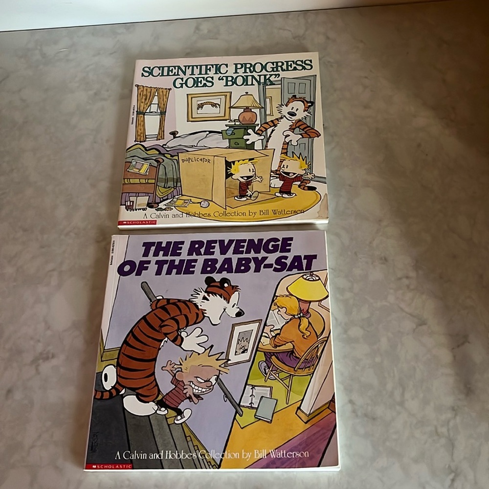 Calvin Hobbes books.  Two Vintage 90’s soft cover by Bill Watterson funny